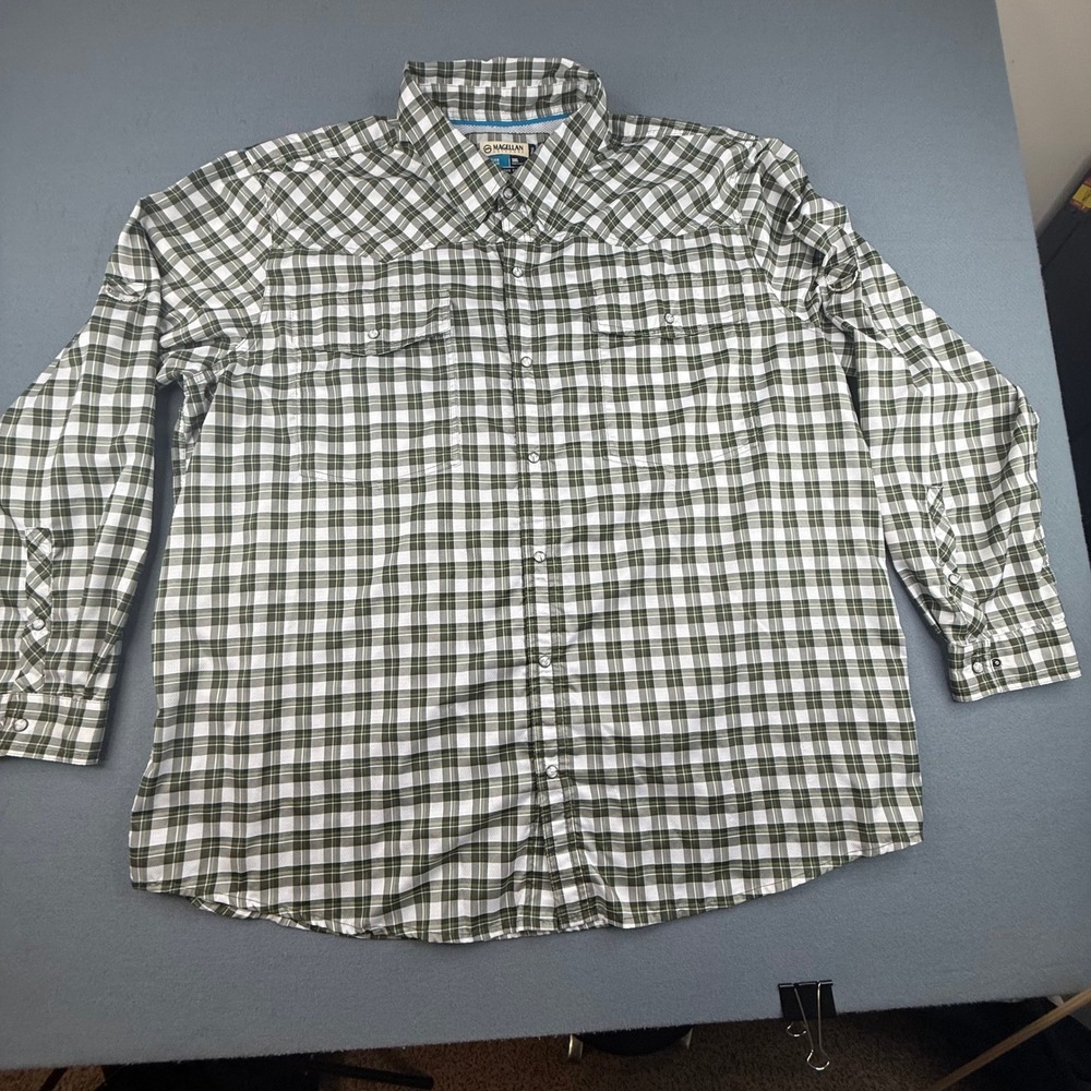 Magellan Outdoors Fishing Shirt Mens XXL Green Plaid MagWick Long Sleeve Snap